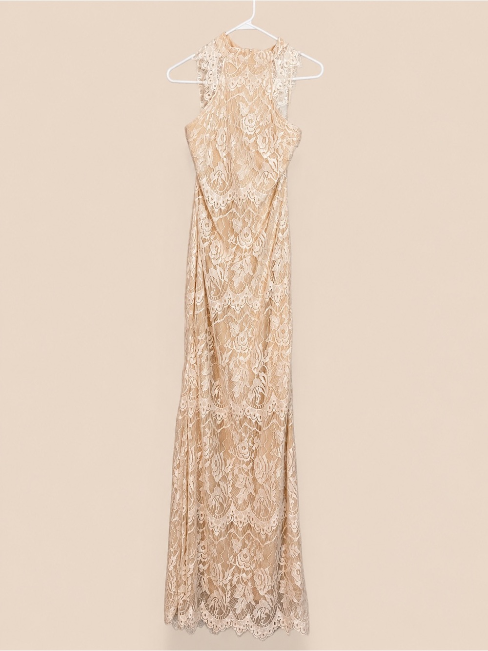 Nude Lace High-Neck Maxi Dress